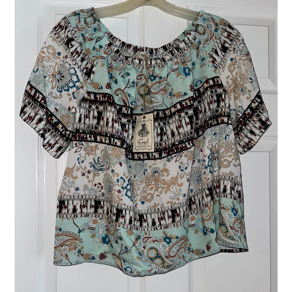 easel Mint Teal Paisley Peasant Blouse